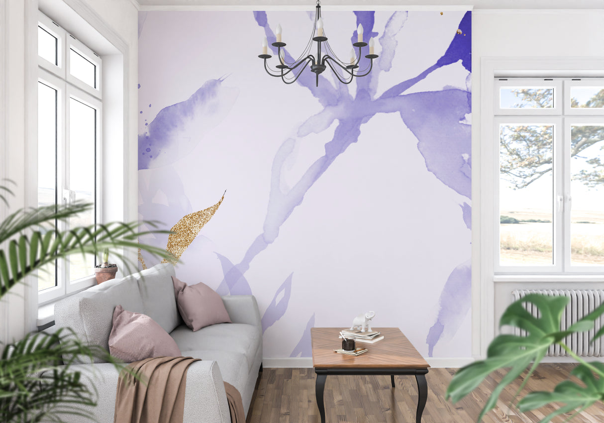 Purple and gold abstract watercolor wallpaper creating a luxurious atmosphere in a modern living room