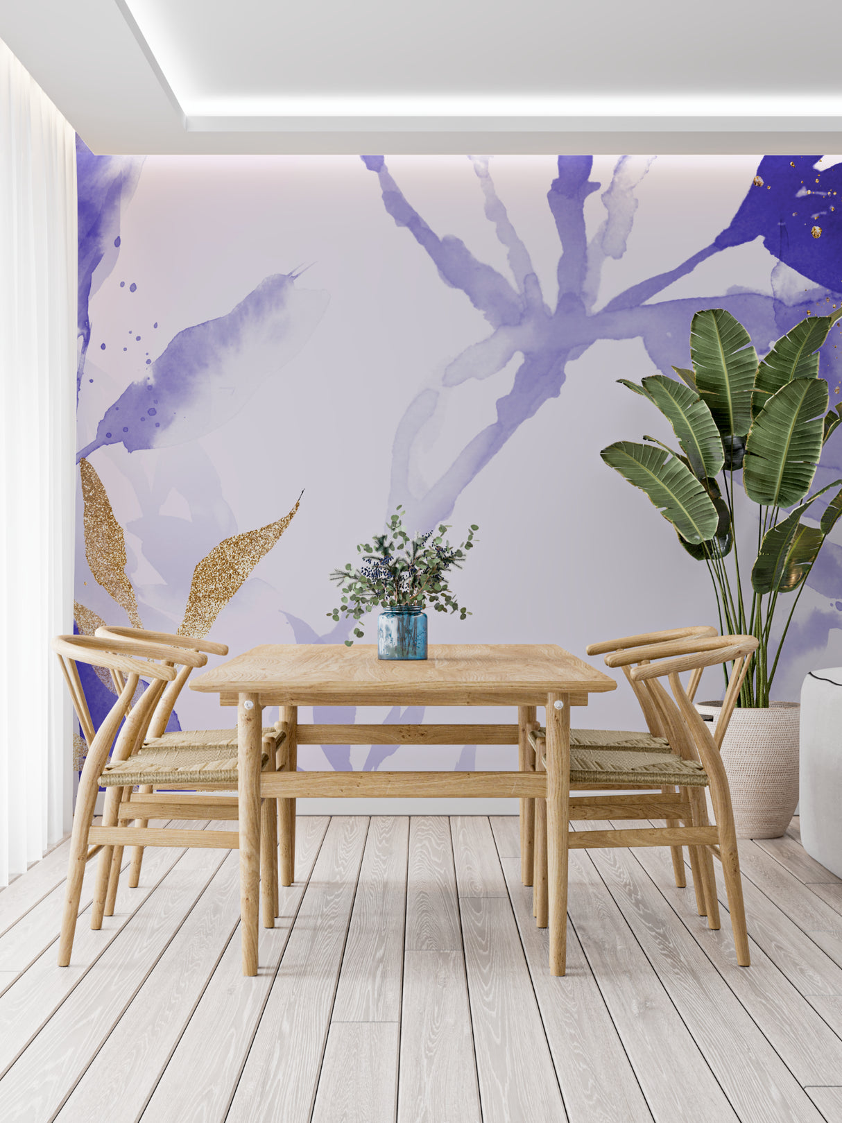 Abstract purple watercolor mural with gold accents in a cozy bedroom setting