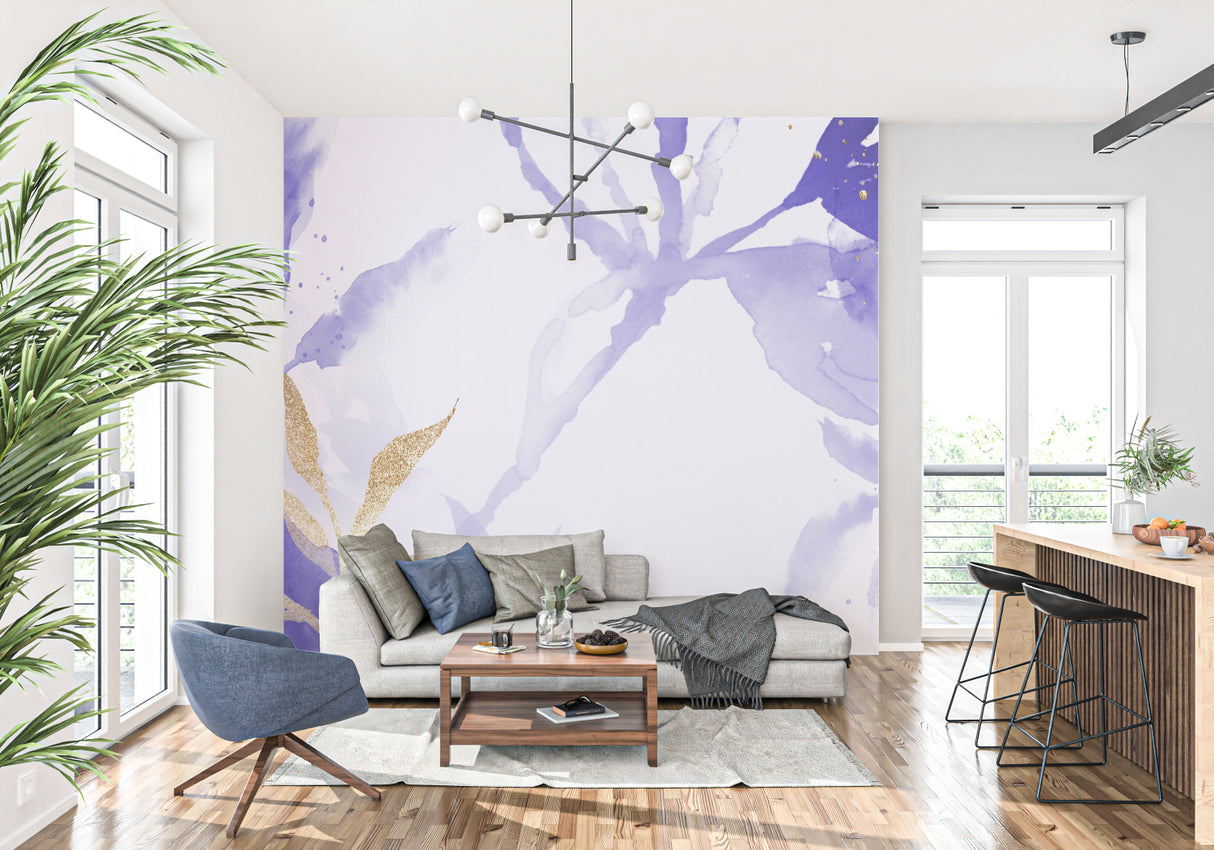 Elegant dining room featuring purple and gold abstract wallpaper design