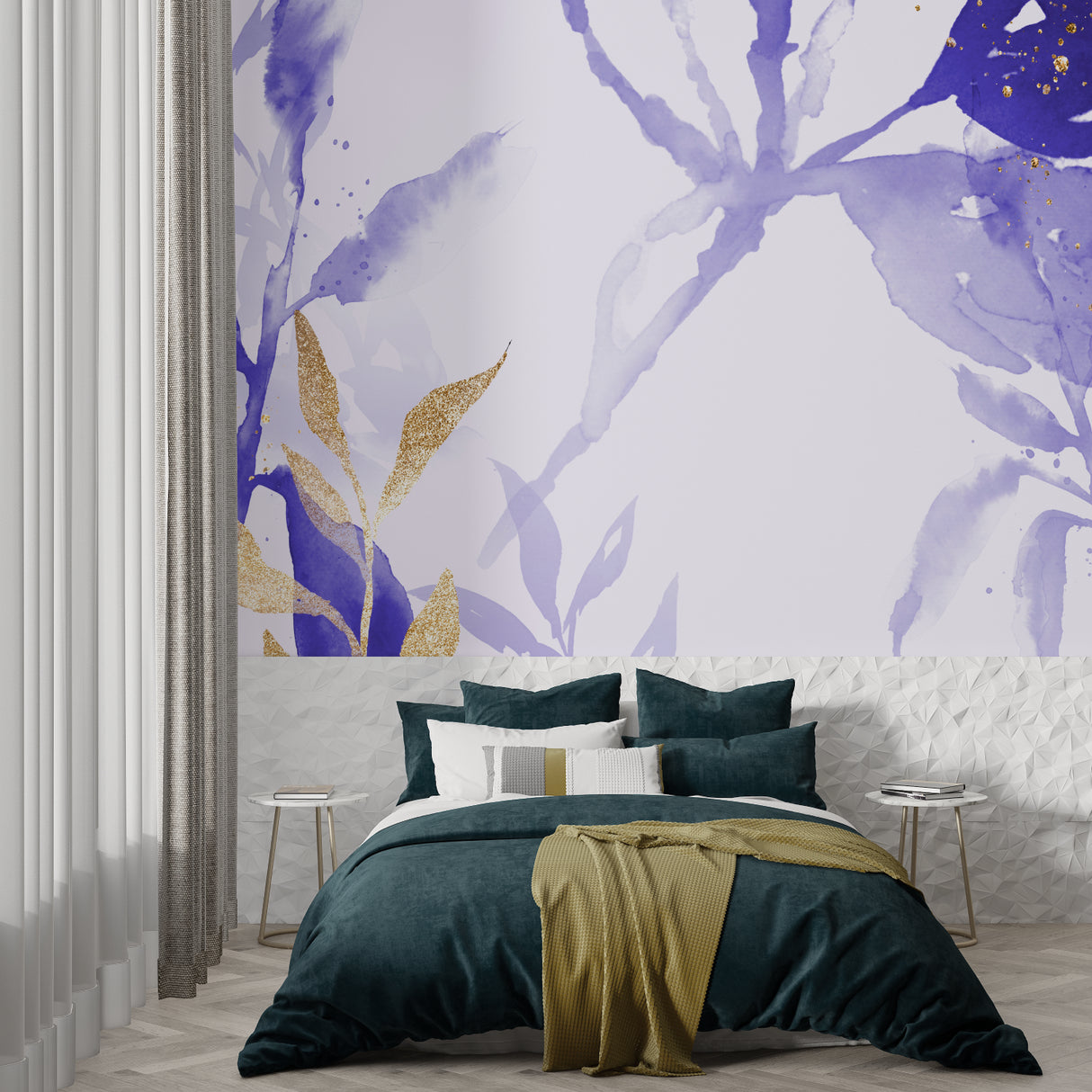 Home office space with purple watercolor wall mural and gold accents