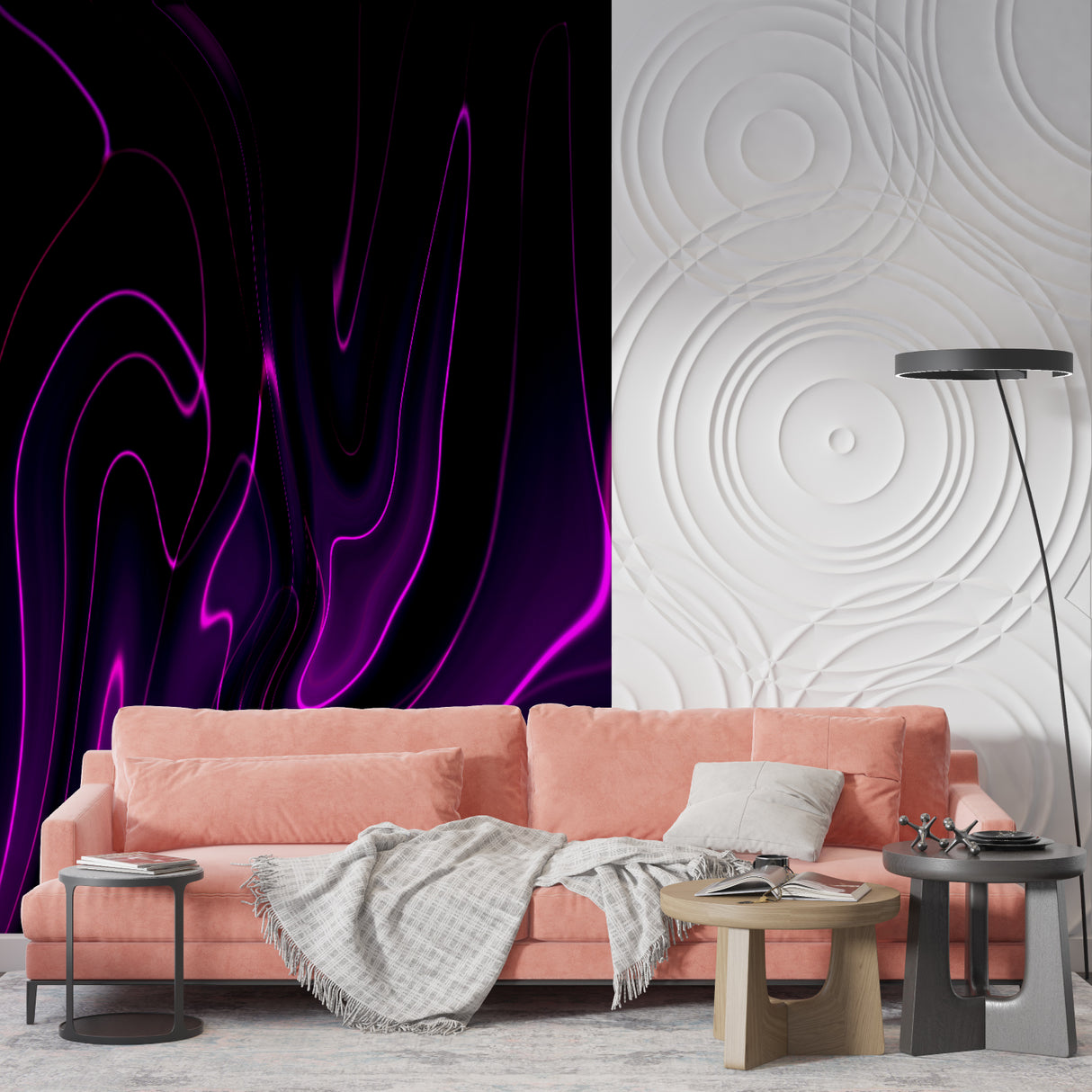 Purple wave abstract wallpaper creating modern ambiance in minimalist living room