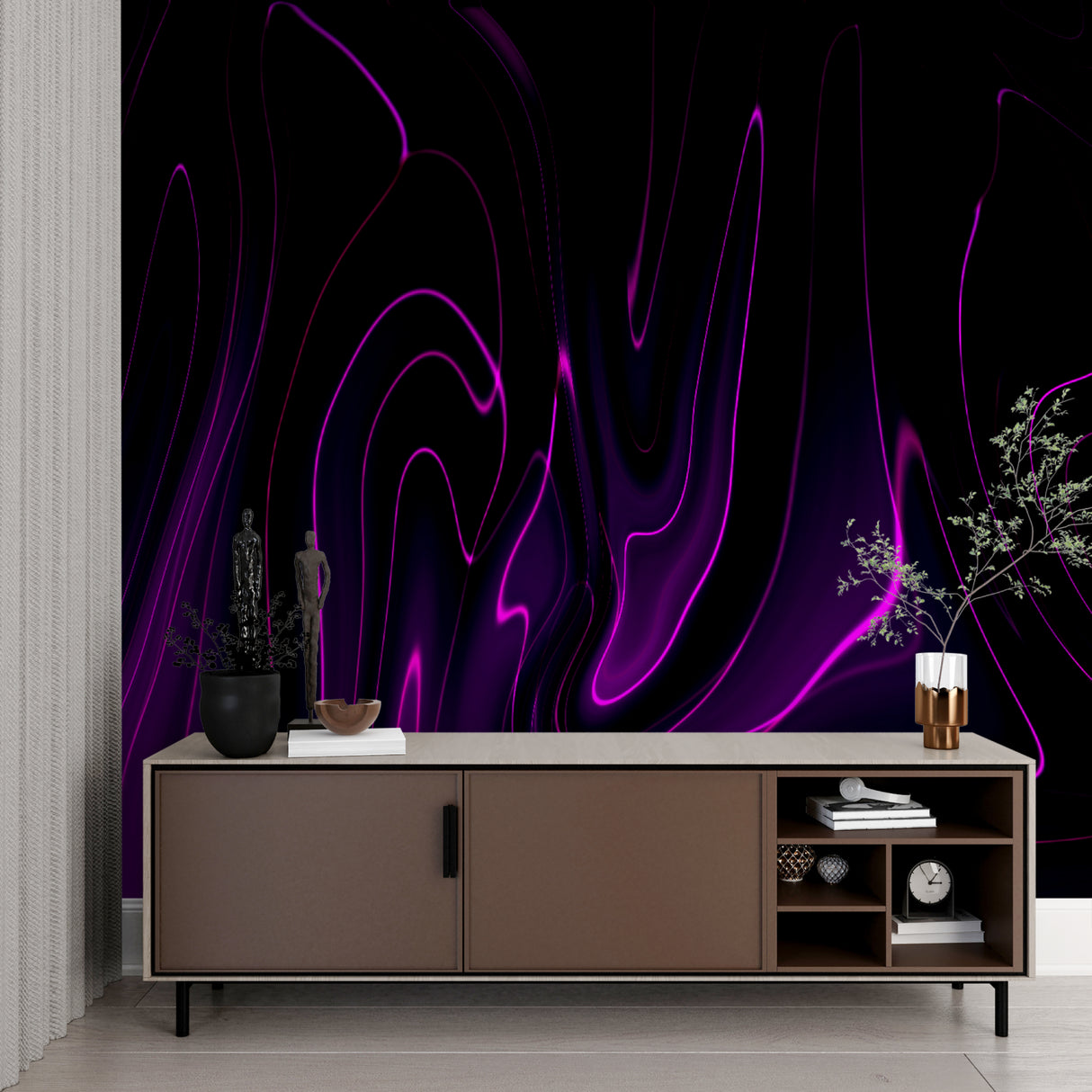 Modern purple abstract wall mural making statement in contemporary office space