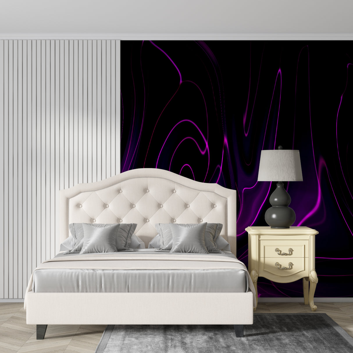 Black and purple wave wallpaper adding drama to dining room accent wall