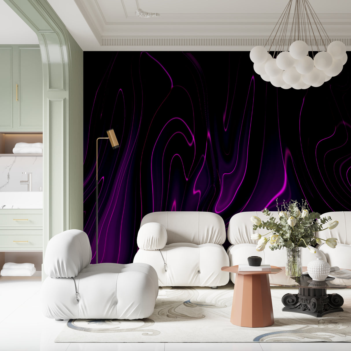 Abstract wave pattern wallpaper transforming modern bedroom design