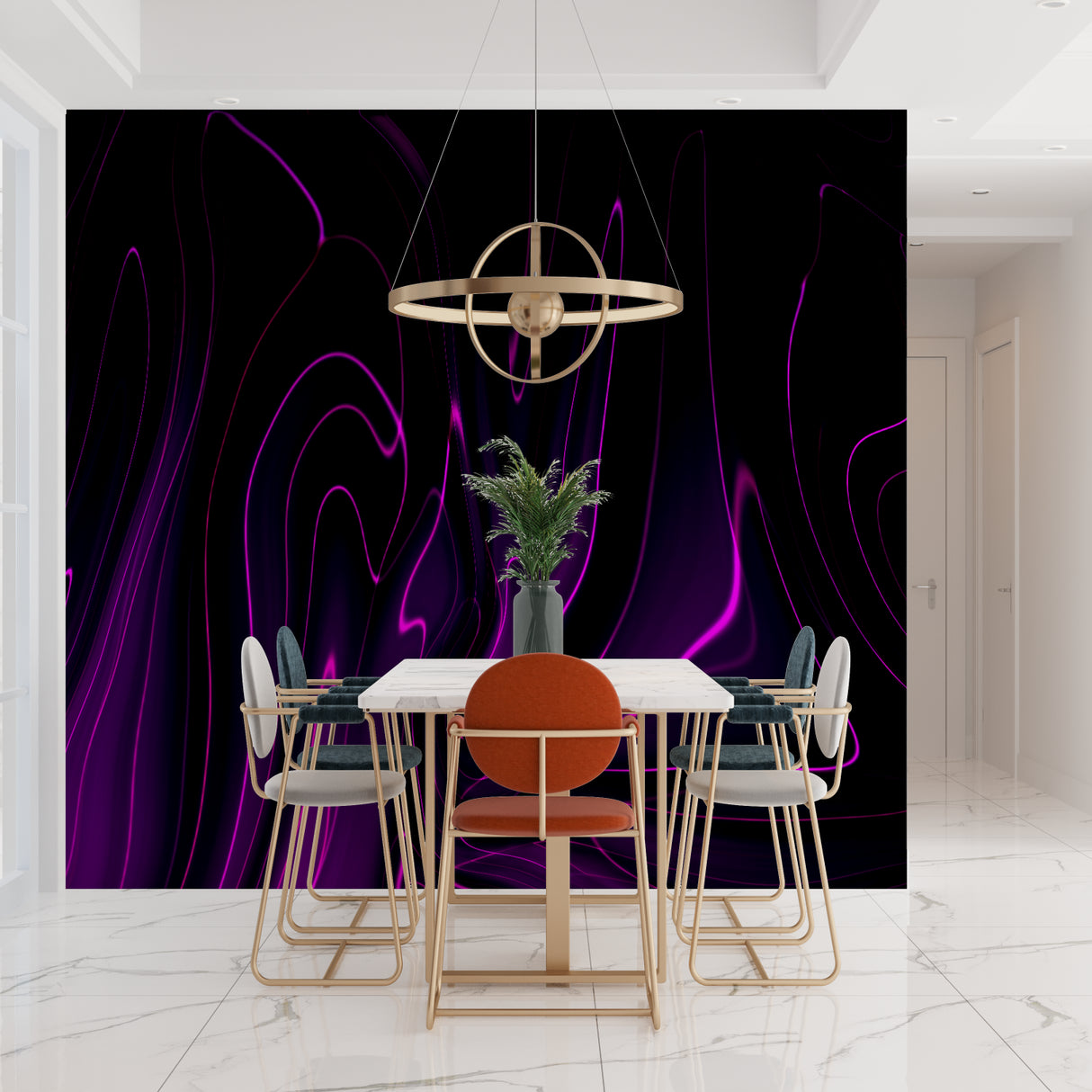 Purple abstract mural creating flow in urban loft space