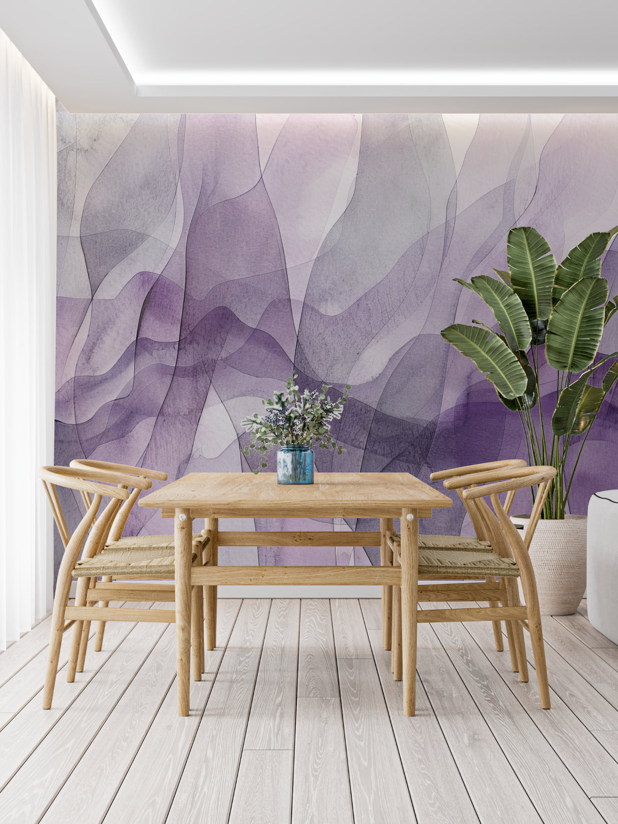 Purple wave geometric wallpaper in modern living room creating a fresh contemporary atmosphere