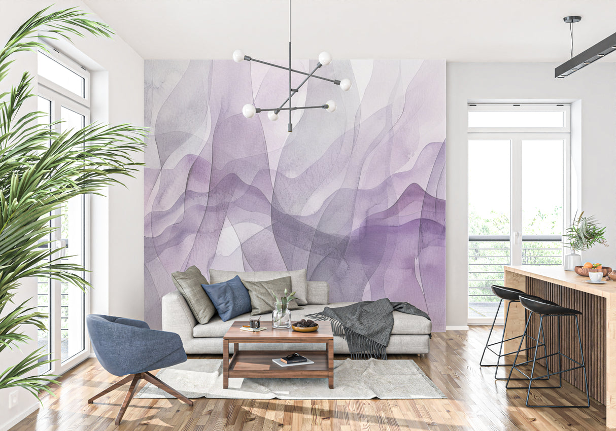 Abstract purple wave wallpaper in bedroom showing flowing geometric patterns