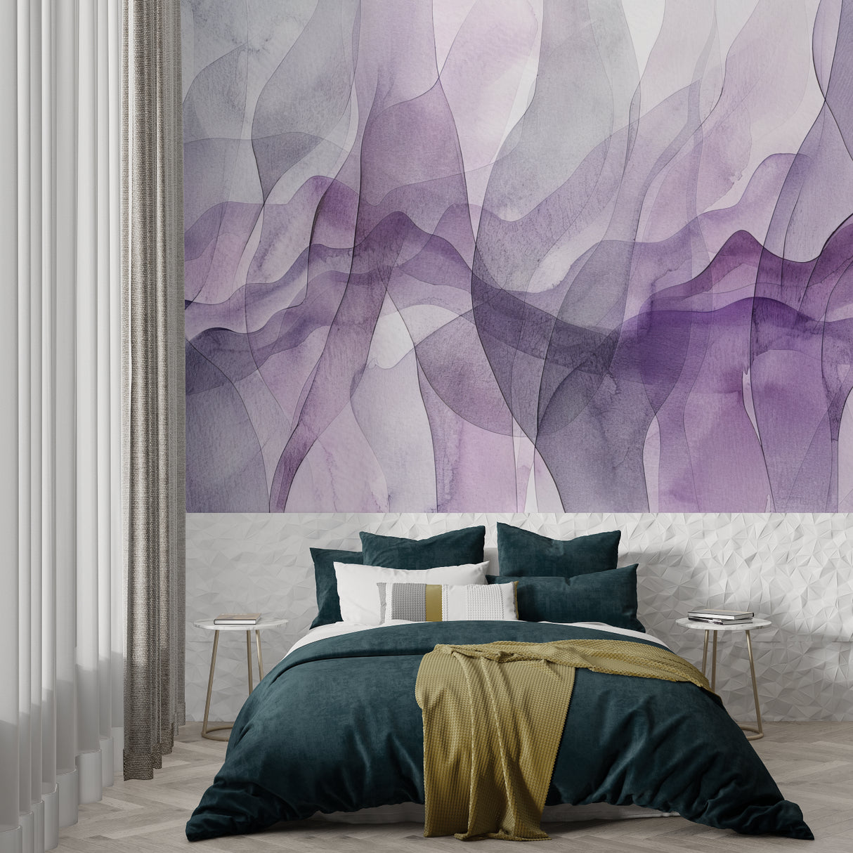 Geometric purple wall mural in home office displaying clean modern lines