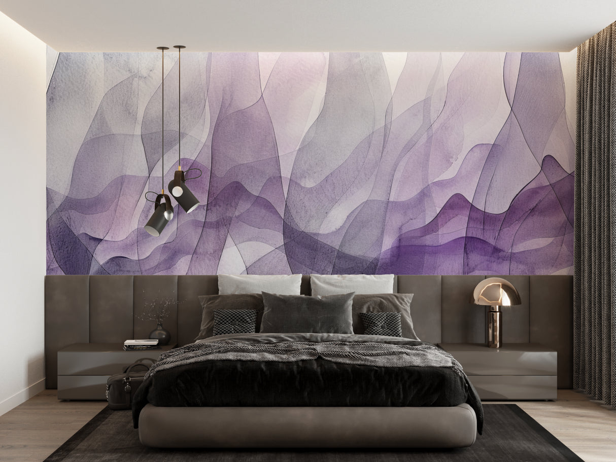 Modern purple abstract wallpaper in dining room highlighting soft wave patterns