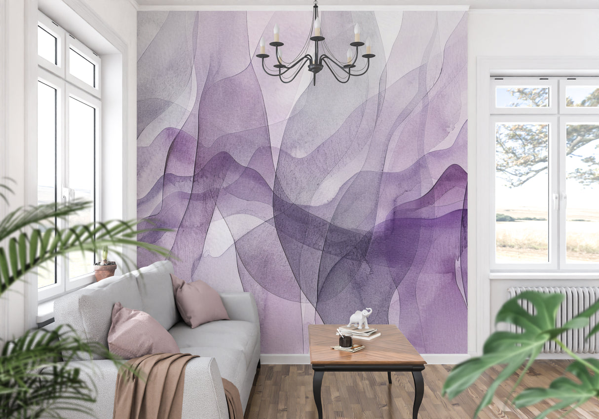 Purple geometric wall design in entrance hall showing fluid movement