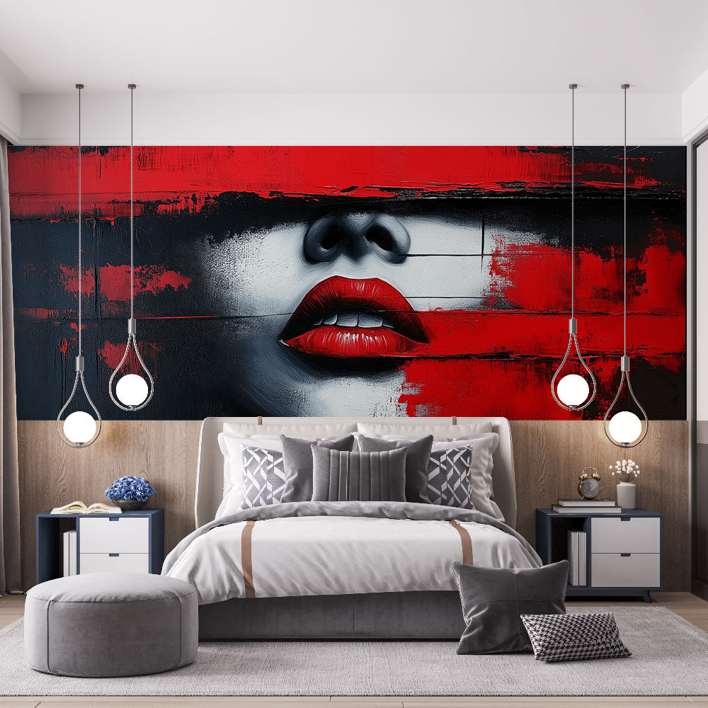 Modern abstract red lips wallpaper creating a bold statement in a minimalist living room with grey furniture