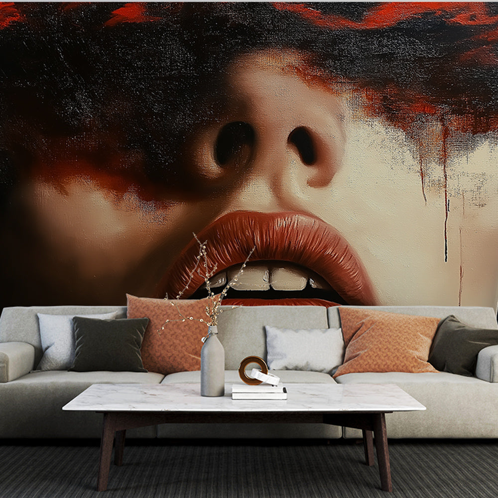 Abstract portrait mural wallpaper creating dramatic impact in modern living room with red and black tones