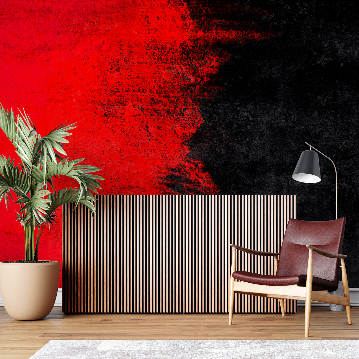 Modern abstract gradient wallpaper in stylish living room setting, red and black tones creating dramatic accent wall