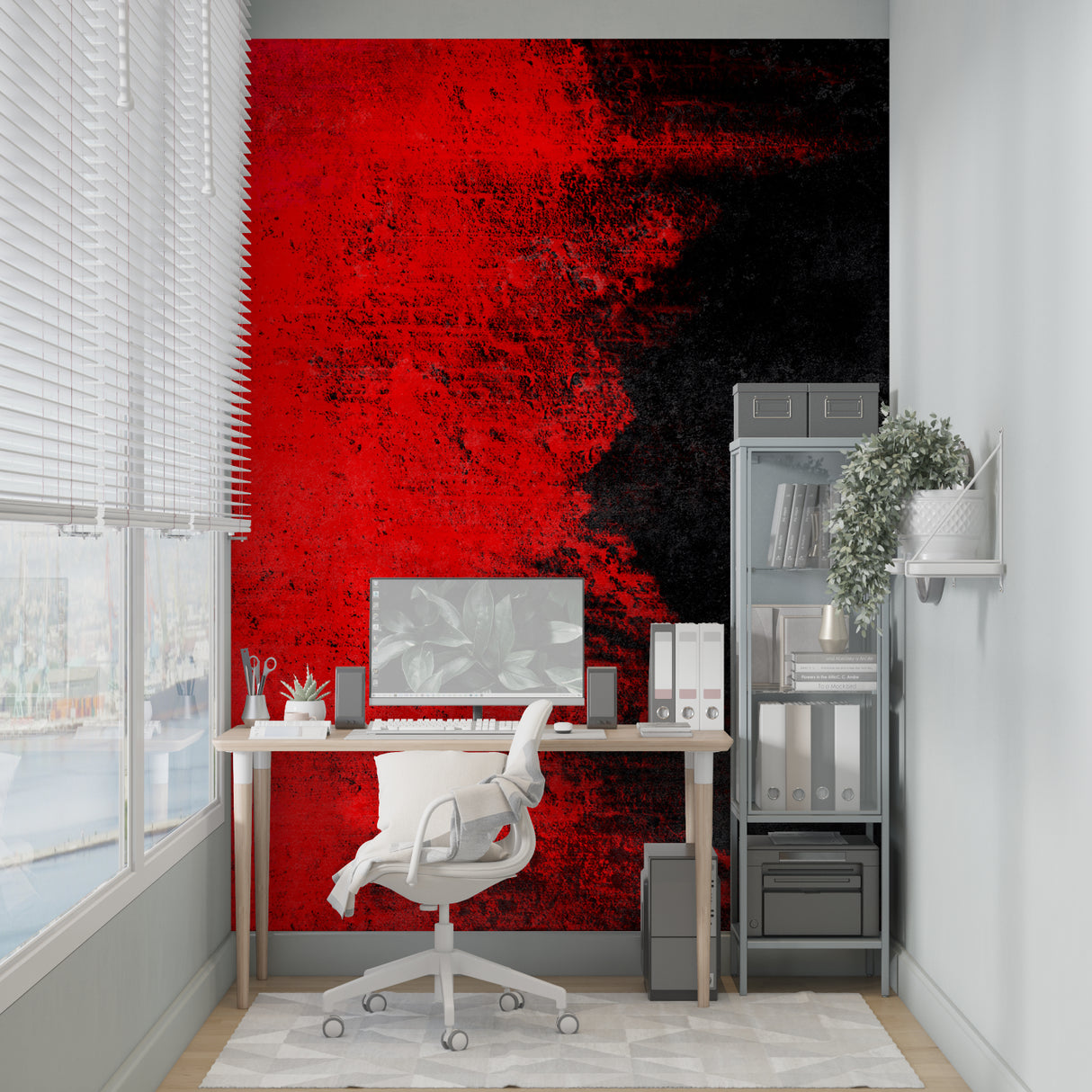 Red and black gradient wallpaper making statement in contemporary office space