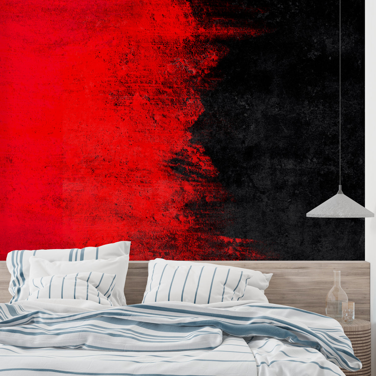 Abstract gradient mural in modern dining room, showing seamless red to black transition