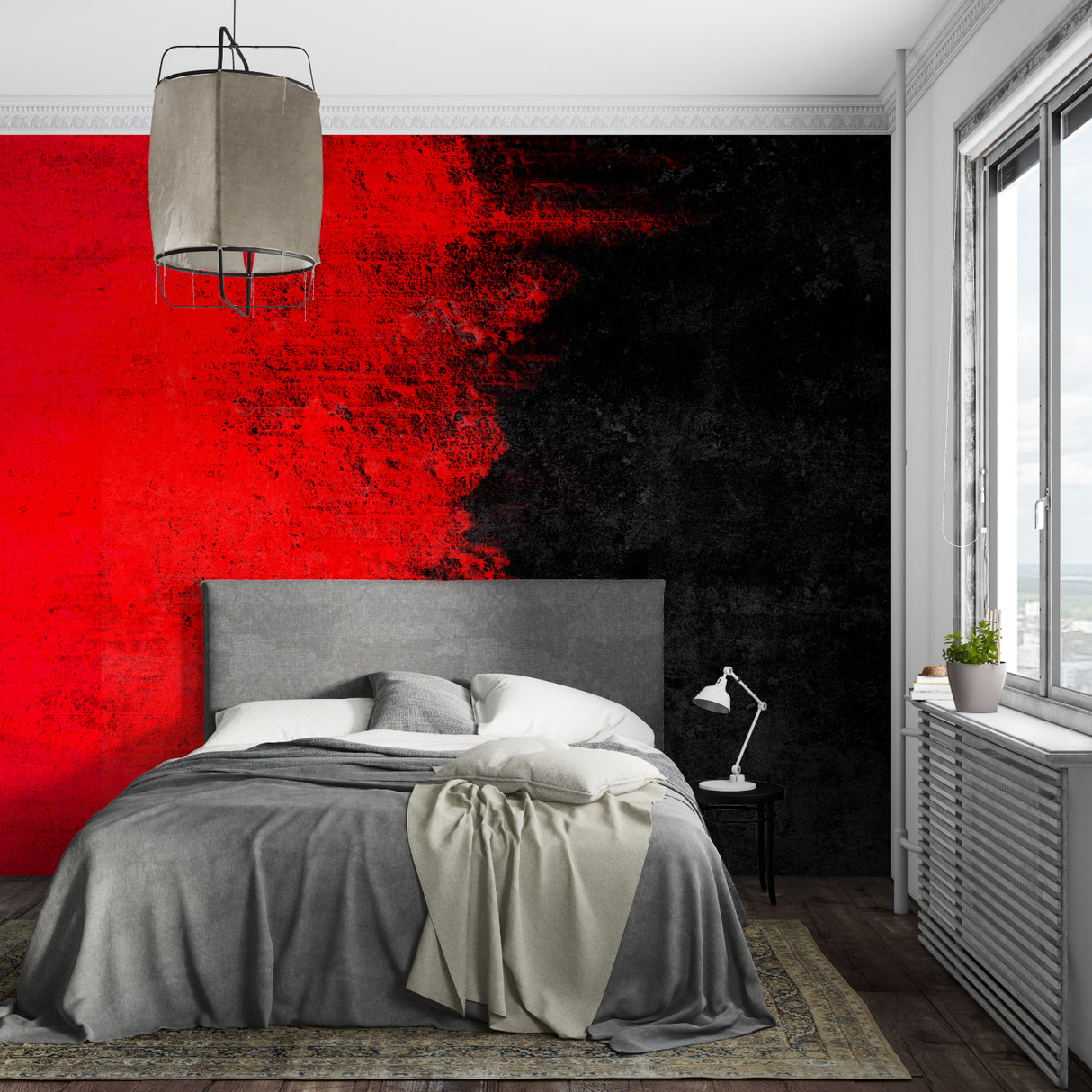 Bold abstract wallpaper creating mood in minimalist bedroom setting