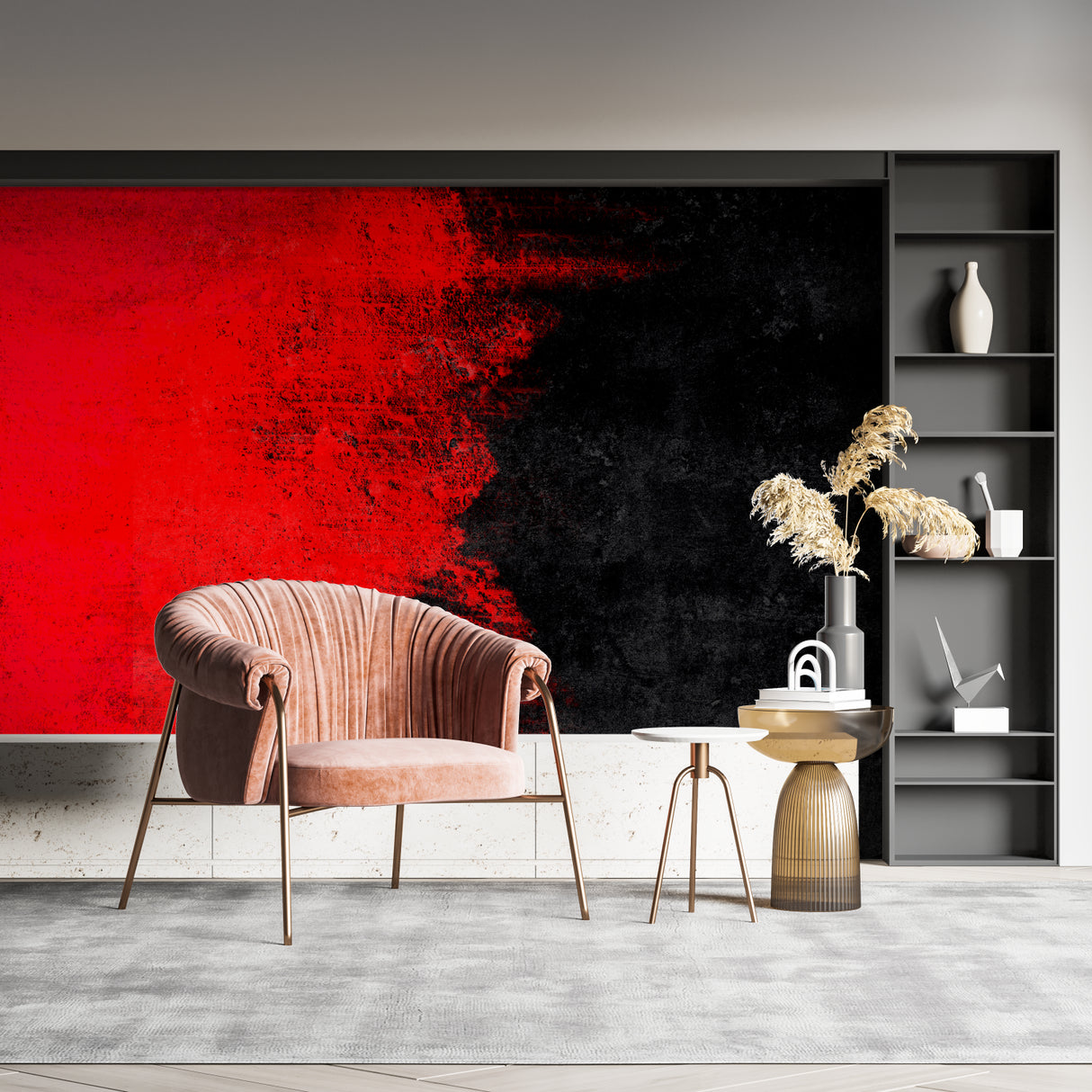 Red and black gradient mural adding depth to studio apartment living space