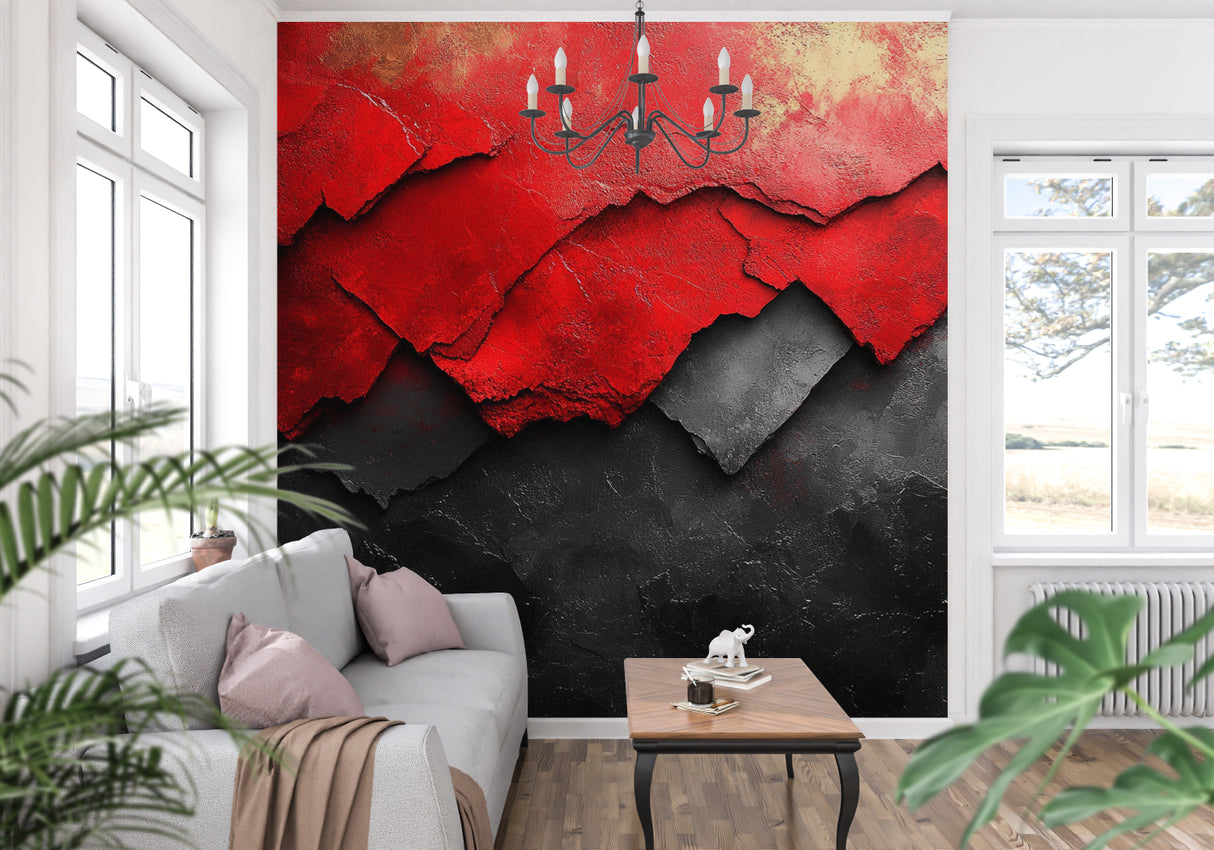 Modern abstract red and black wallpaper creating drama in a minimalist living room setting