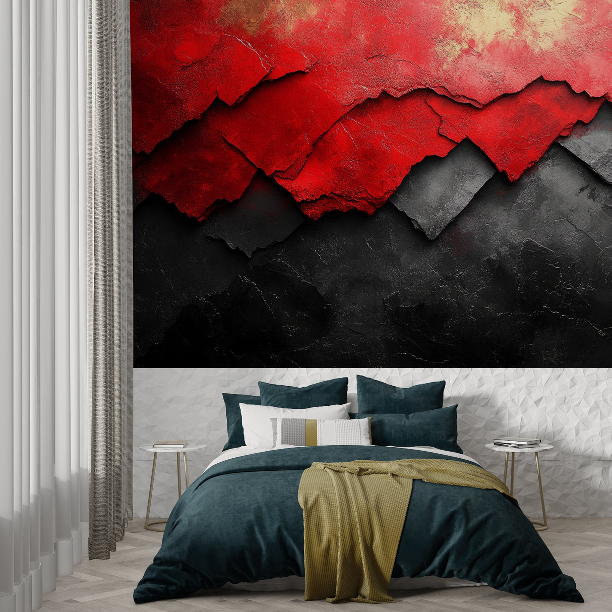 Abstract red textured wallpaper making a bold statement in contemporary office space