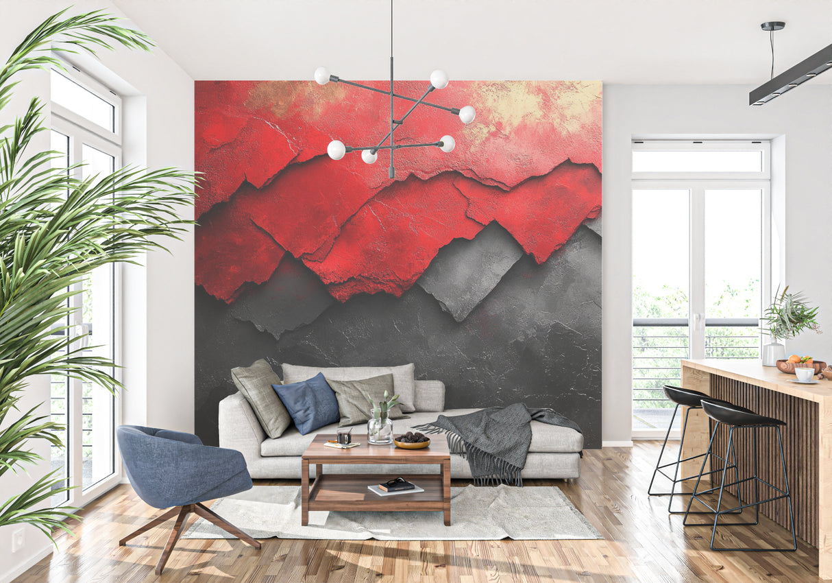 Red and black abstract mural brightening up a modern dining room wall
