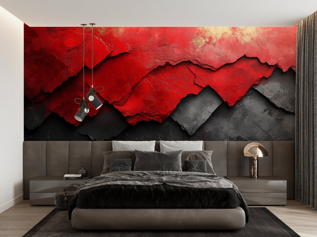 Modern red wall mural creating an artistic focal point in a gallery space