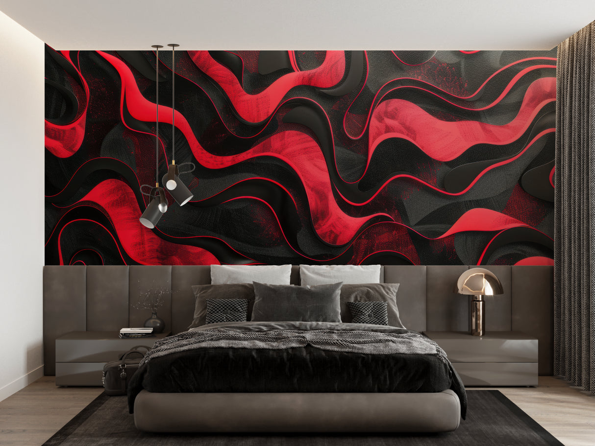 Abstract wave wallpaper creating dramatic impact in modern living room with red and black design
