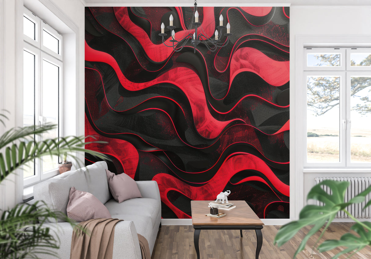 Red and black abstract wall mural adding depth to minimalist bedroom space