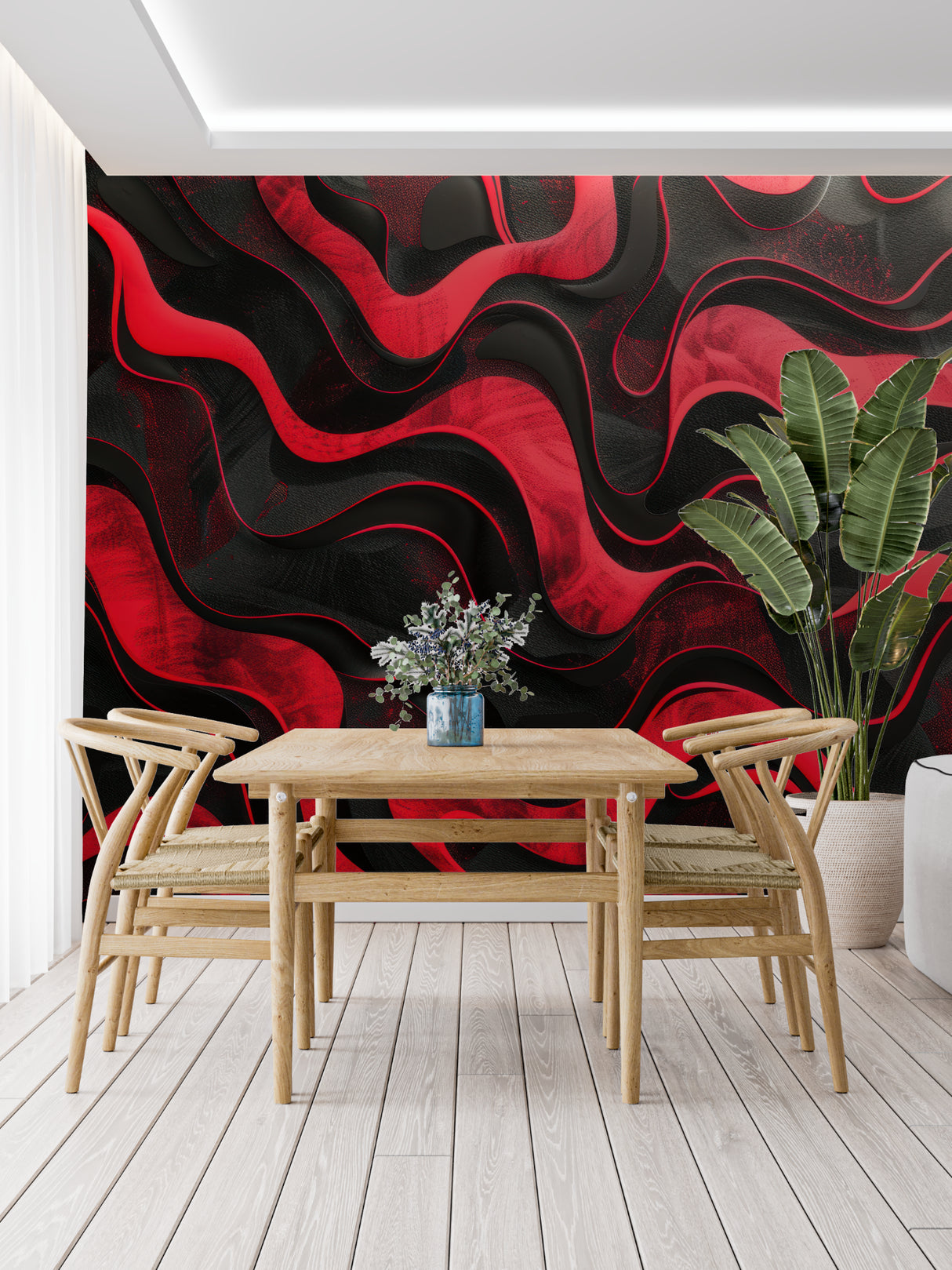 Restaurant interior showcasing dynamic red and black wave mural design
