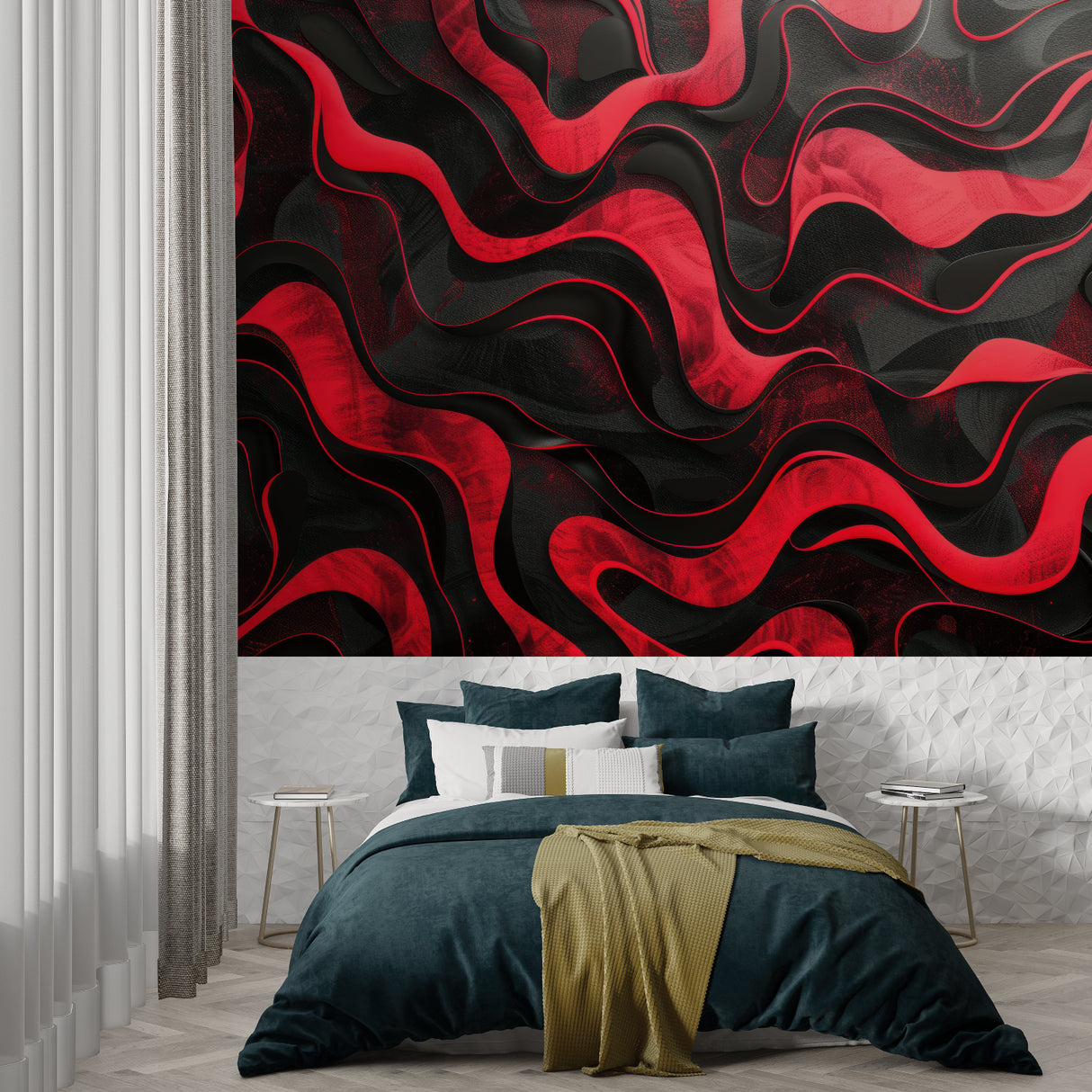 Modern gallery space with abstract wave wall mural creating movement