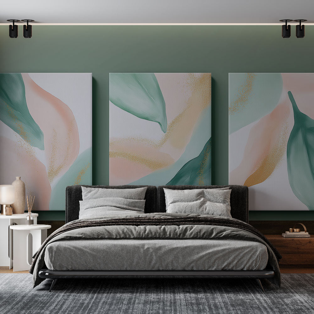 Abstract sage green and blush pink wallpaper creating a peaceful atmosphere in a modern living room setting