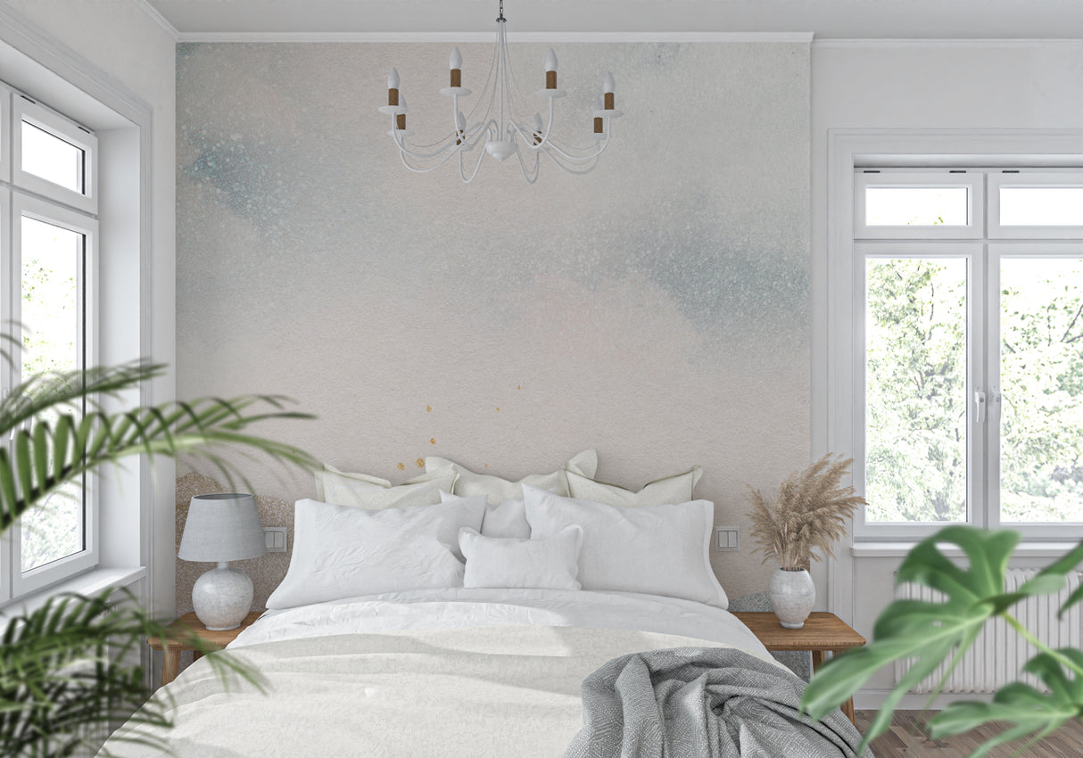 Abstract watercolor gradient wallpaper creating a peaceful atmosphere in a modern living room