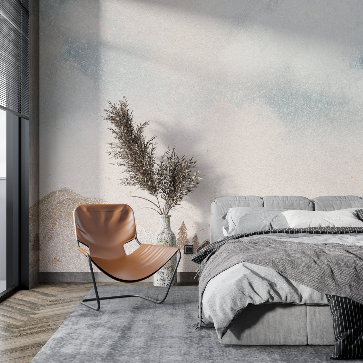 Blue abstract mural wallpaper in a minimalist bedroom setting