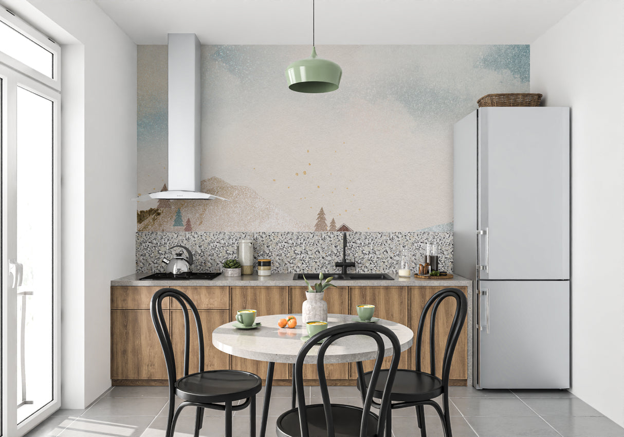 Watercolor gradient wall mural bringing calm to a home office space