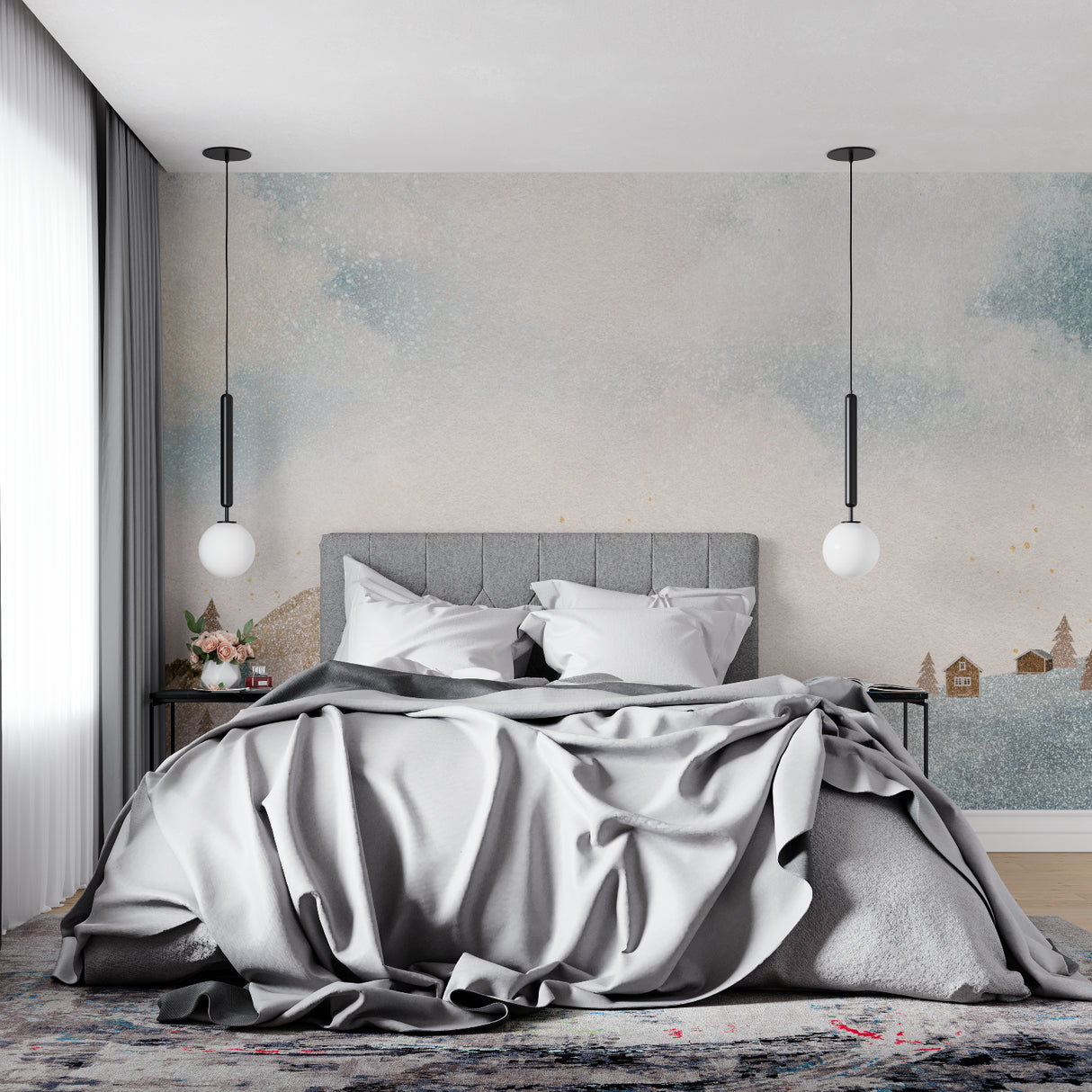 Serene watercolor mural creating depth in a meditation room