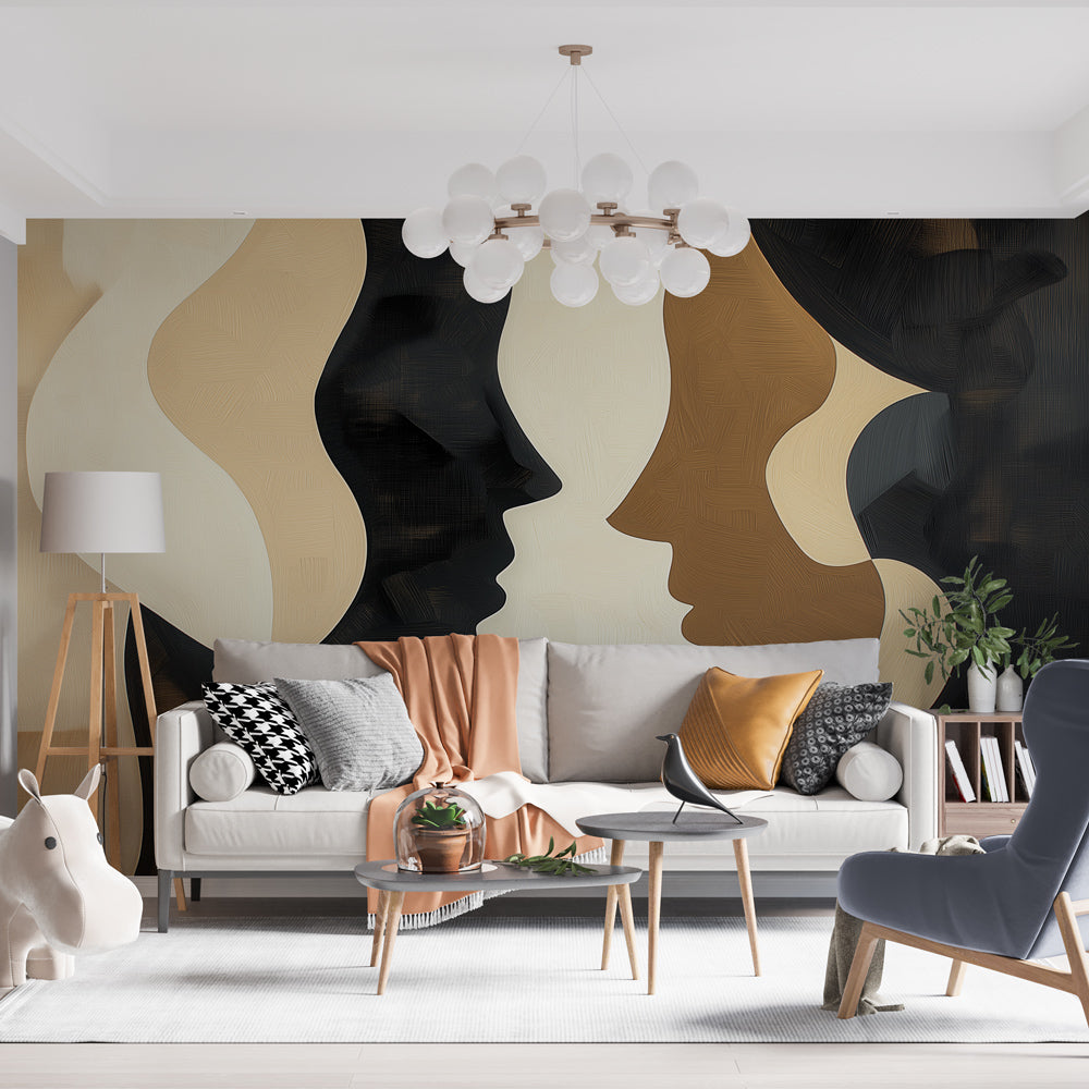 Abstract face wallpaper creating an artistic statement in a modern living room with minimal furniture and natural light
