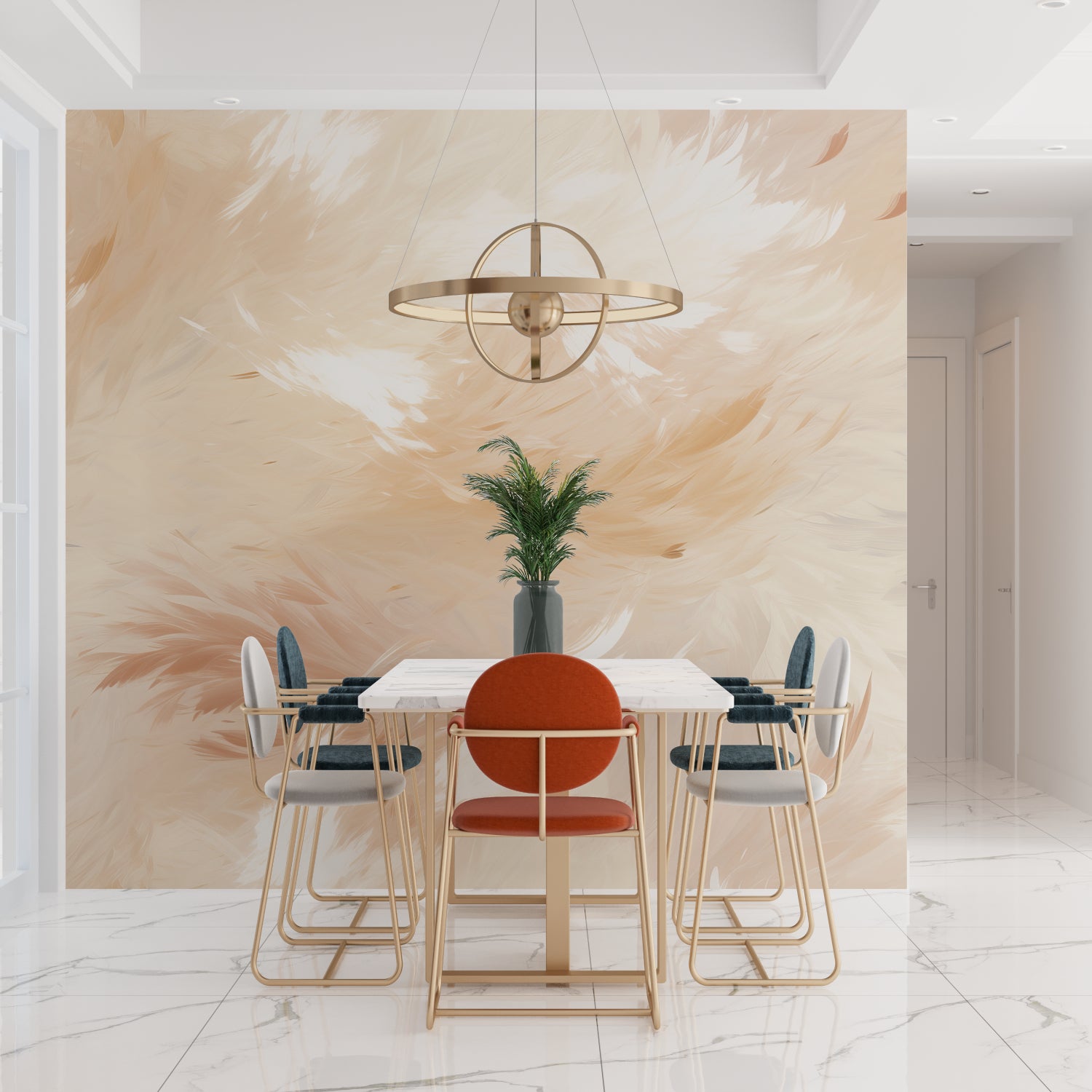 Abstract beige wallpaper creating a calming atmosphere in an entrance hall