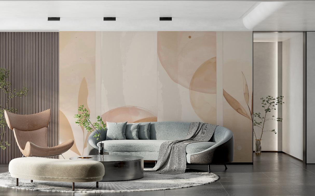 Abstract beige circle wallpaper in modern living room with grey sofa and natural light