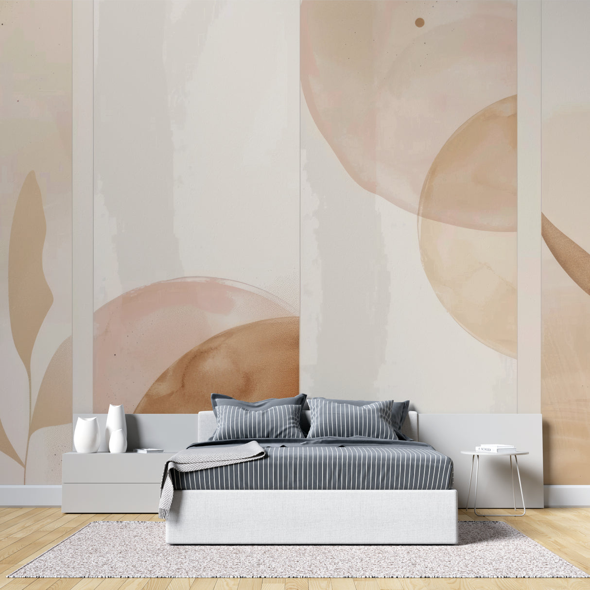 Watercolor circle wall mural in minimal bedroom with white bedding