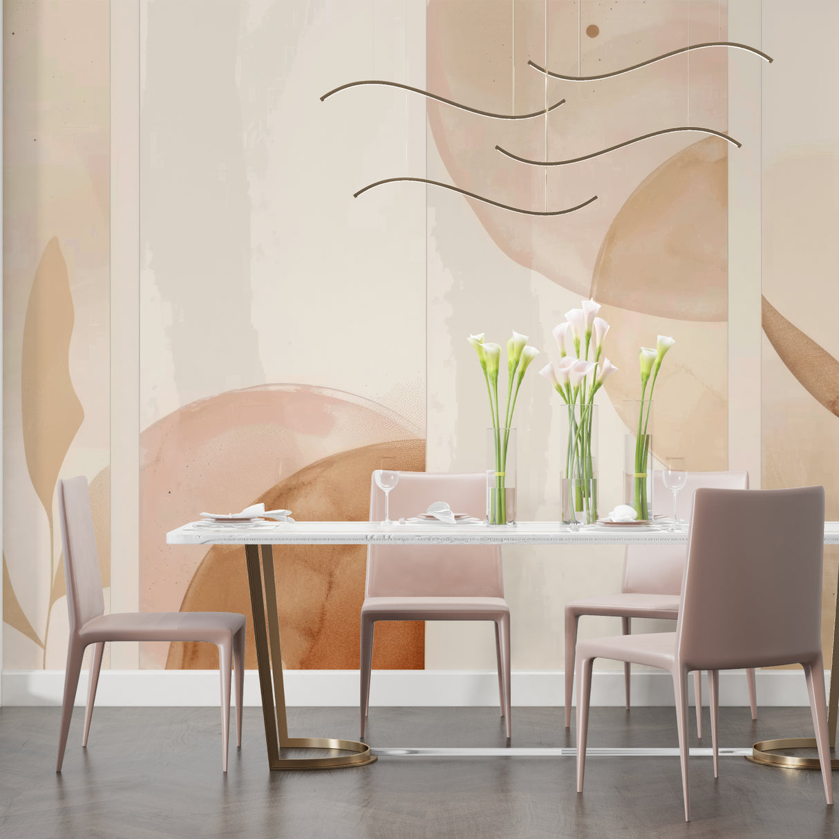 Soft beige circle mural in dining room with modern furniture