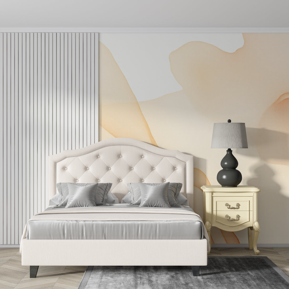 Abstract beige watercolor wallpaper in modern living room creating a serene atmosphere