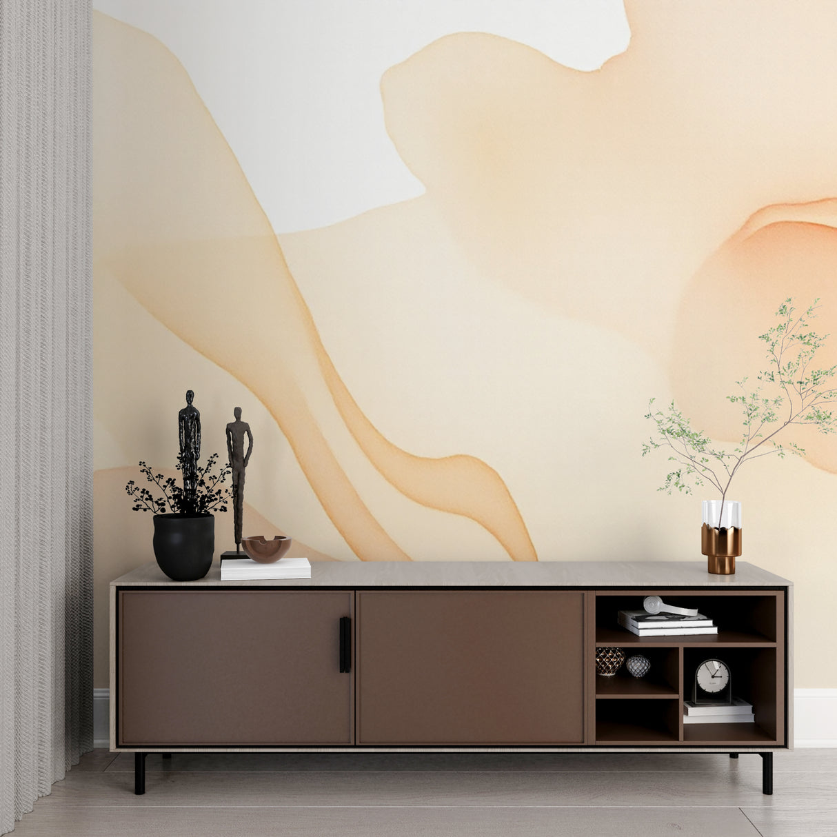 Soft wave pattern wallpaper in minimal bedroom setting