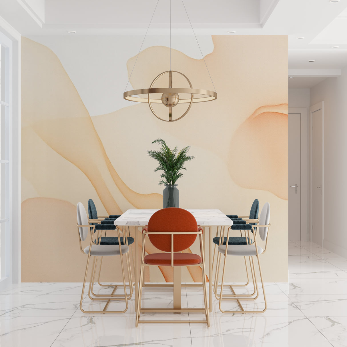 Beige abstract wall mural in home office showing gentle movement