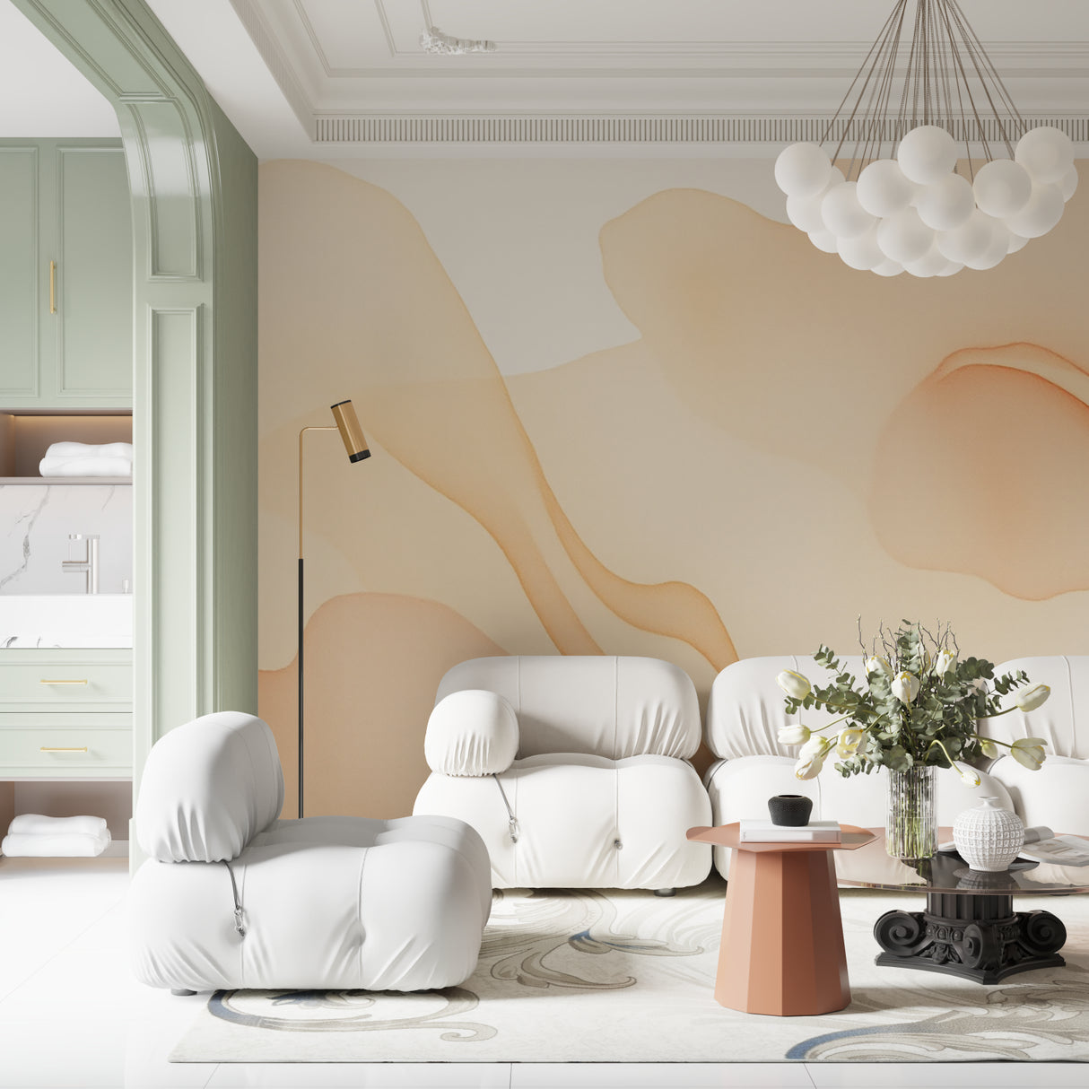Watercolor wave wallpaper creating depth in dining room