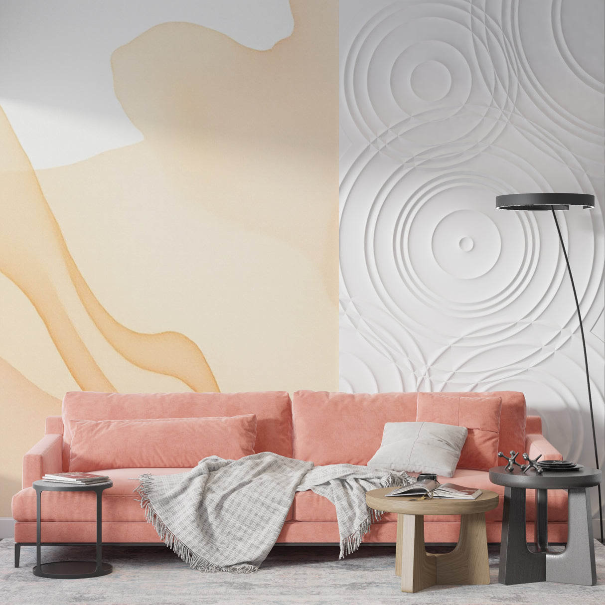 Abstract beige mural bringing warmth to hallway space