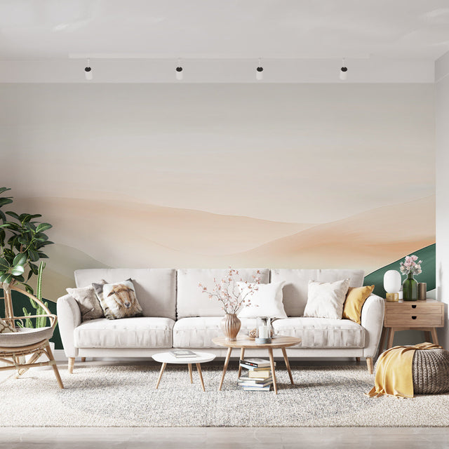 Abstract mountain wallpaper creating depth in a modern minimalist living room with natural lighting and clean furniture