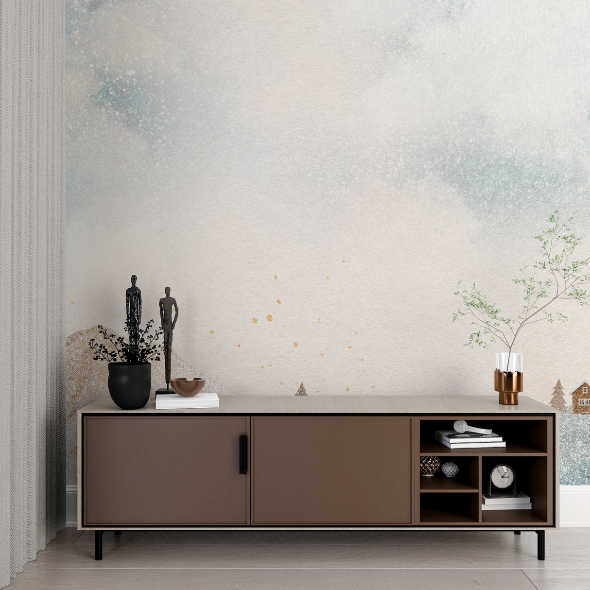 Abstract pastel landscape wallpaper in modern living room creating serene atmosphere