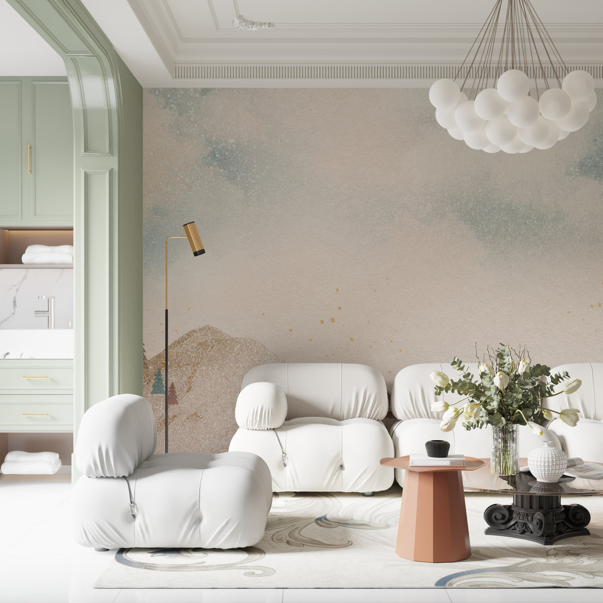 Contemporary abstract wallpaper bringing calm to home office space