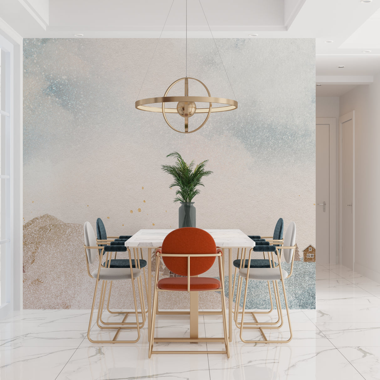Abstract wall mural in dining room showing soft pastel color blend