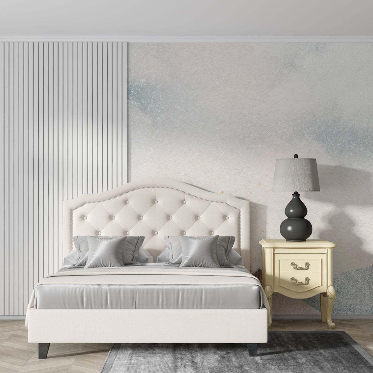 Pastel landscape mural creating depth in modern hallway