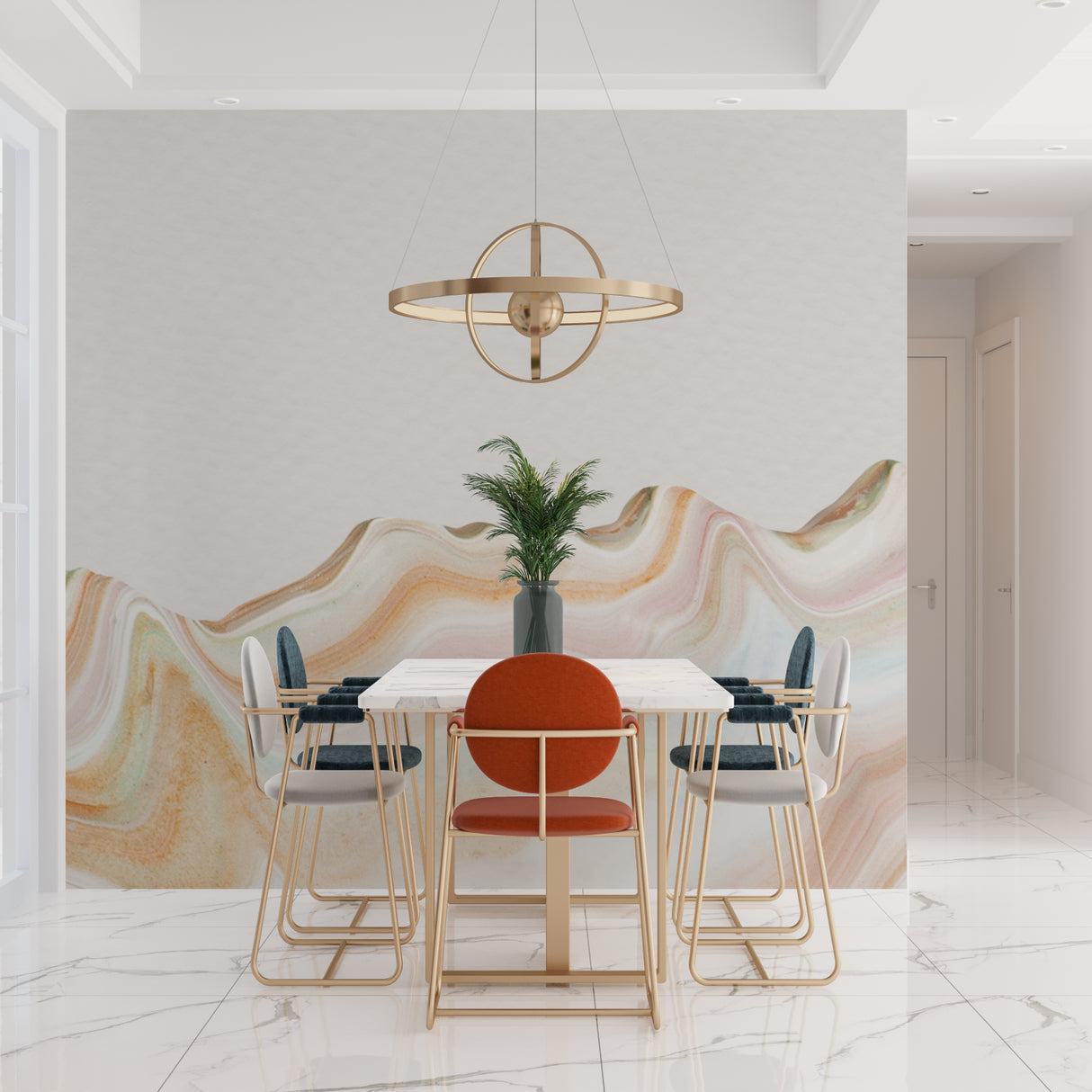 Marble abstract wallpaper in modern living room showing soft pastel waves creating depth